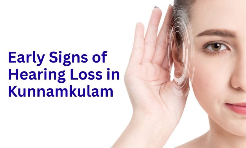 Woman cupping her ear, indicating difficulty hearing and early signs of hearing loss.