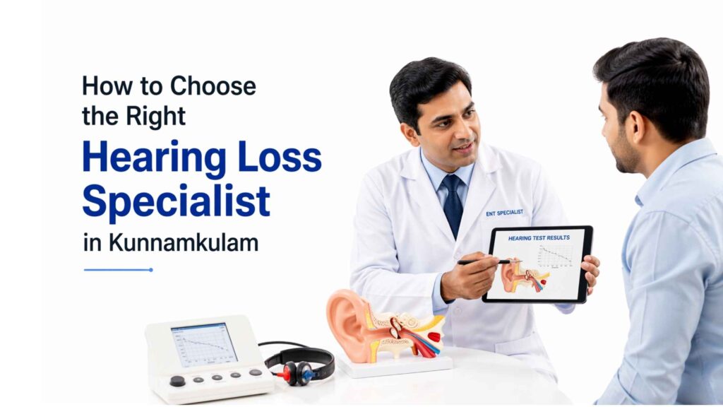 How to Choose the Right Hearing Loss Specialist in Kunnamkulam banner showing ENT doctor consulting patient with hearing test results in modern clinic