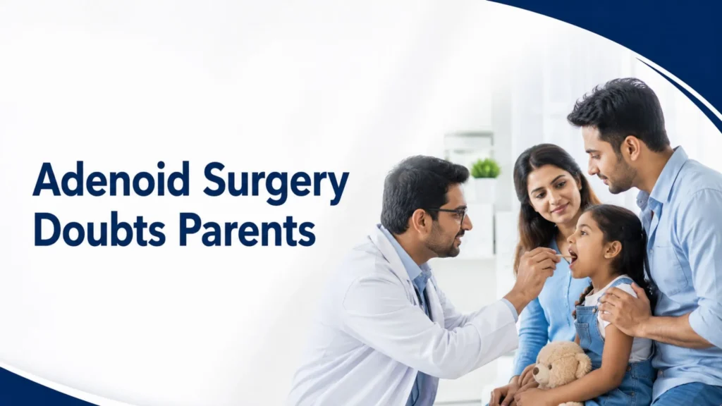 Adenoid surgery doubts parents discussing with ENT specialist during pediatric throat examination in modern clinic