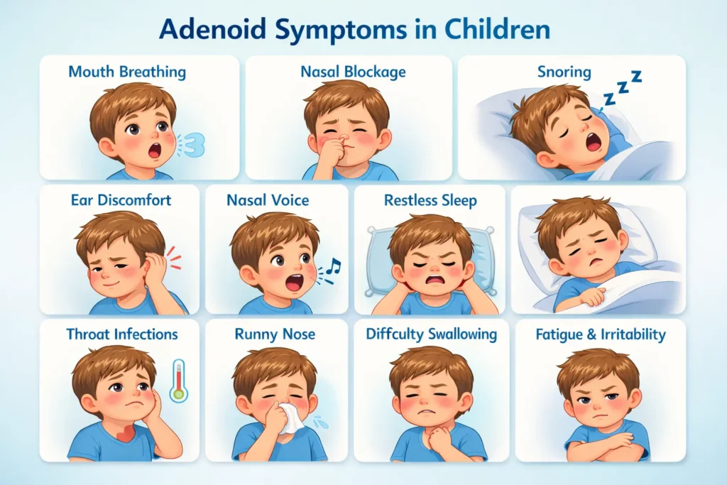 Educational medical illustration showing adenoid symptoms in children, featuring a young boy with mouth breathing, nasal blockage, snoring, ear discomfort, nasal voice, restless sleep, throat infections, runny nose, difficulty swallowing, and fatigue.