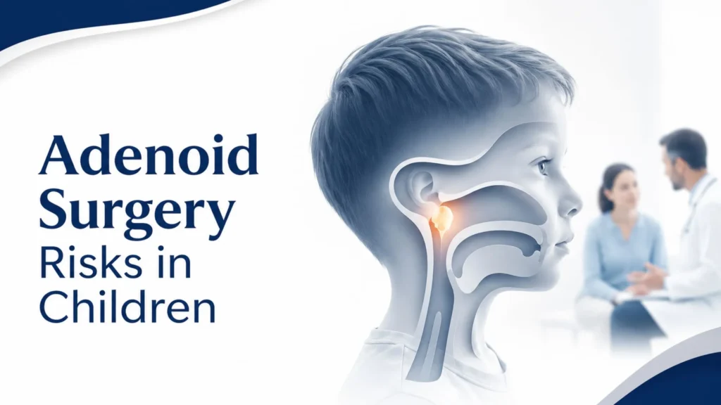 Adenoid surgery risks in children illustrated with pediatric airway anatomy and ENT consultation in modern healthcare setting