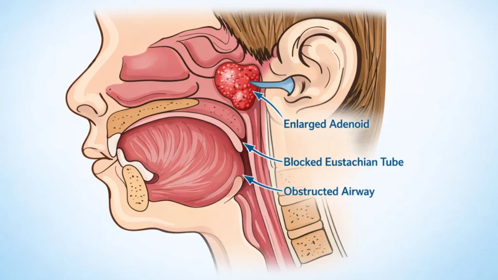 Adenoid treatment in Thrissur illustration showing enlarged adenoid, blocked Eustachian tube, and obstructed airway in child anatomy
