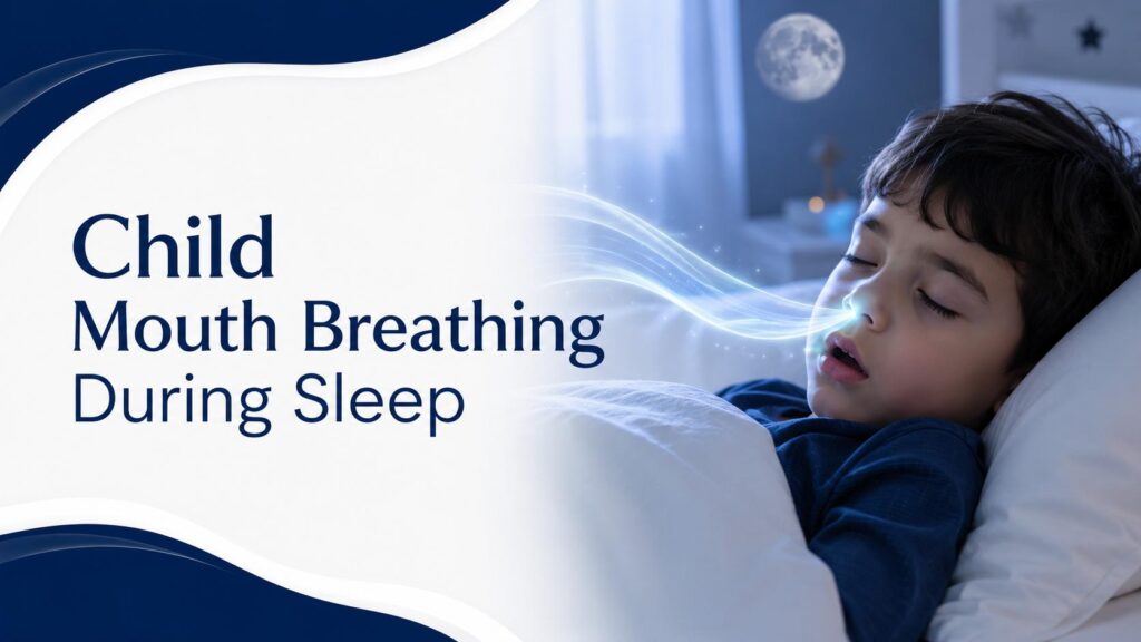Child mouth breathing during sleep shown with nighttime airflow illustration and pediatric breathing health concept
