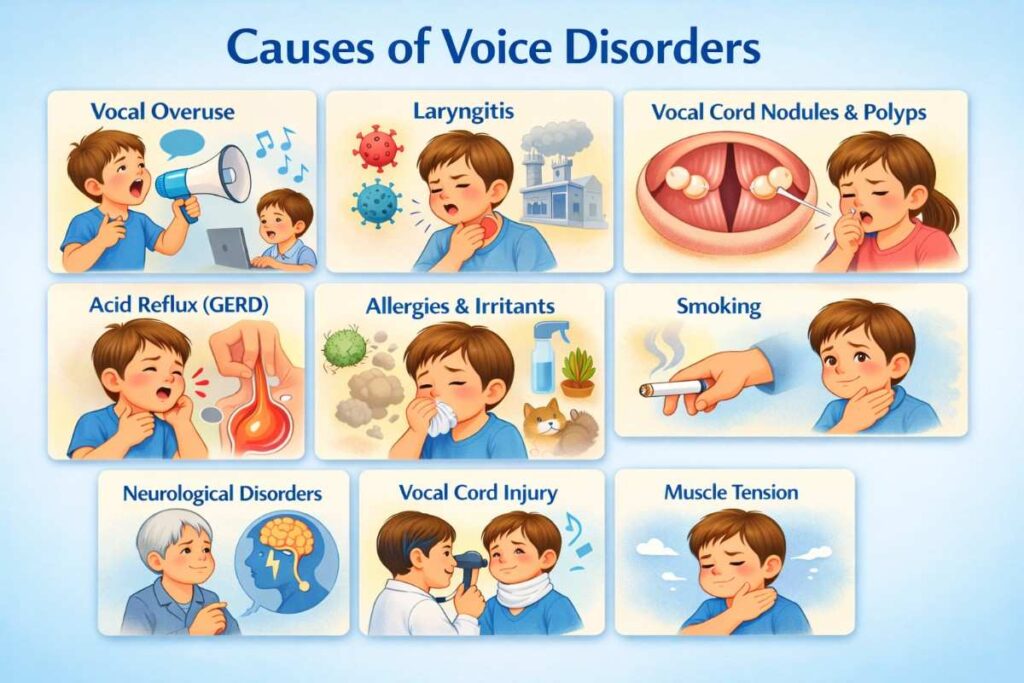 Illustration showing the causes of voice disorders, including vocal overuse, laryngitis, vocal cord nodules, acid reflux, allergies, smoking, neurological disorders, vocal cord injury, and muscle tension.