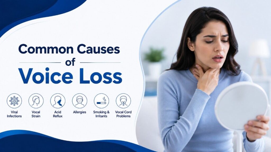 Common Causes of Voice Loss – illustration showing throat discomfort and factors that may contribute to voice loss
