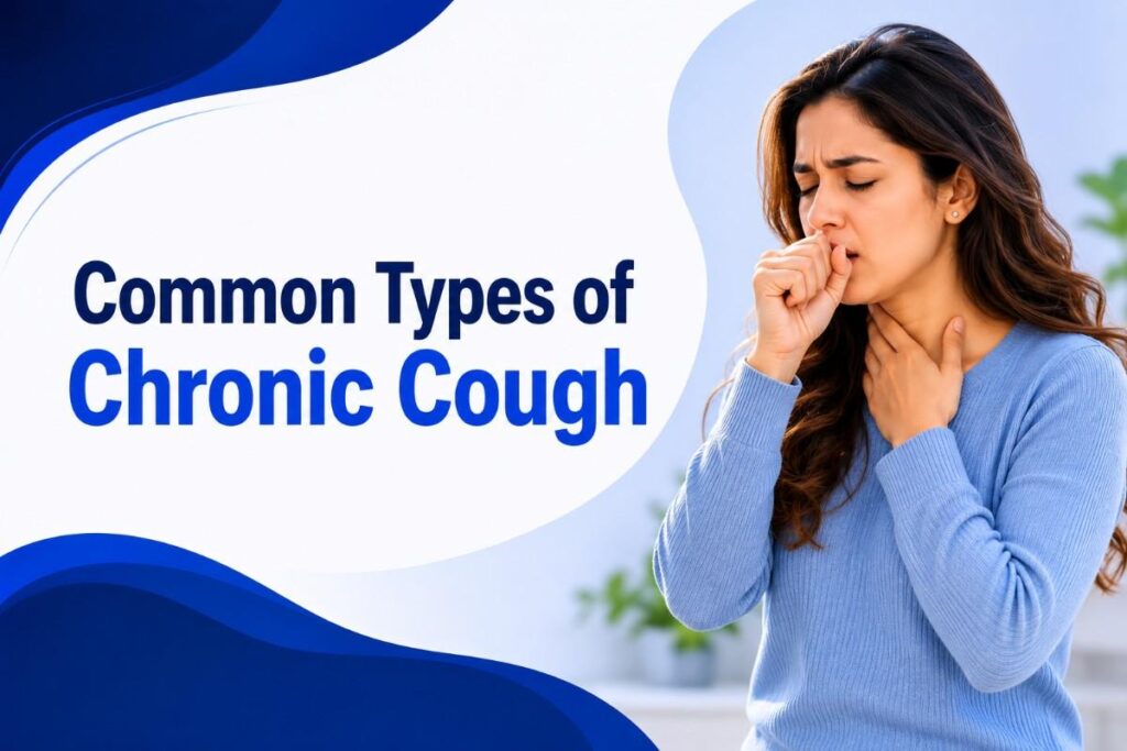 Causes of chronic cough and throat irritation illustrated with a woman experiencing persistent coughing and throat discomfort in a medical awareness banner design.