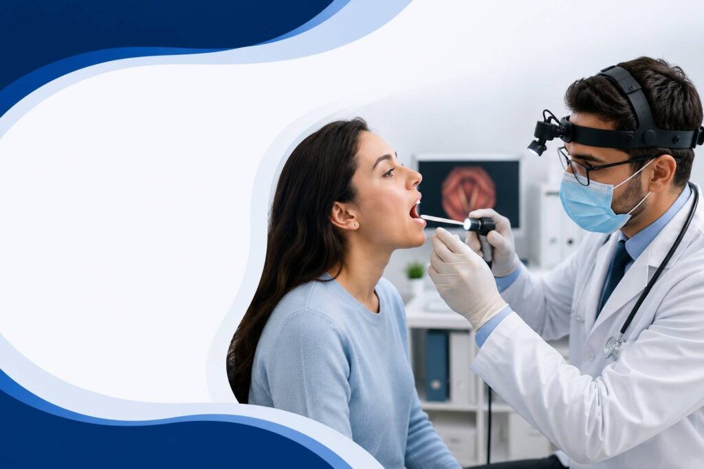ENT specialist performing a throat examination on a patient during an outpatient consultation